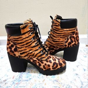 Aldo Nispel Mixed Animal Print Faux Horsehair Lug Sole Lace-Up Boots NWOB.